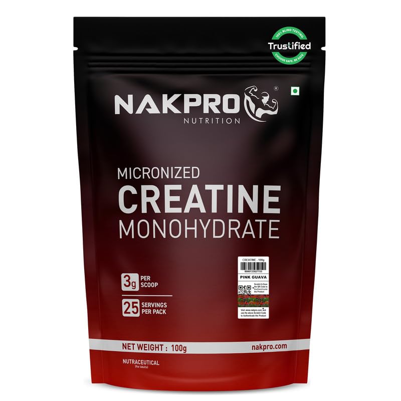 NAKPRO NUTRITION Micronised Creatine Monohydrate | 100g (25 Servings) | Pink Guva | Trustified Certified | Rapid Absorption Pre/Post Workout