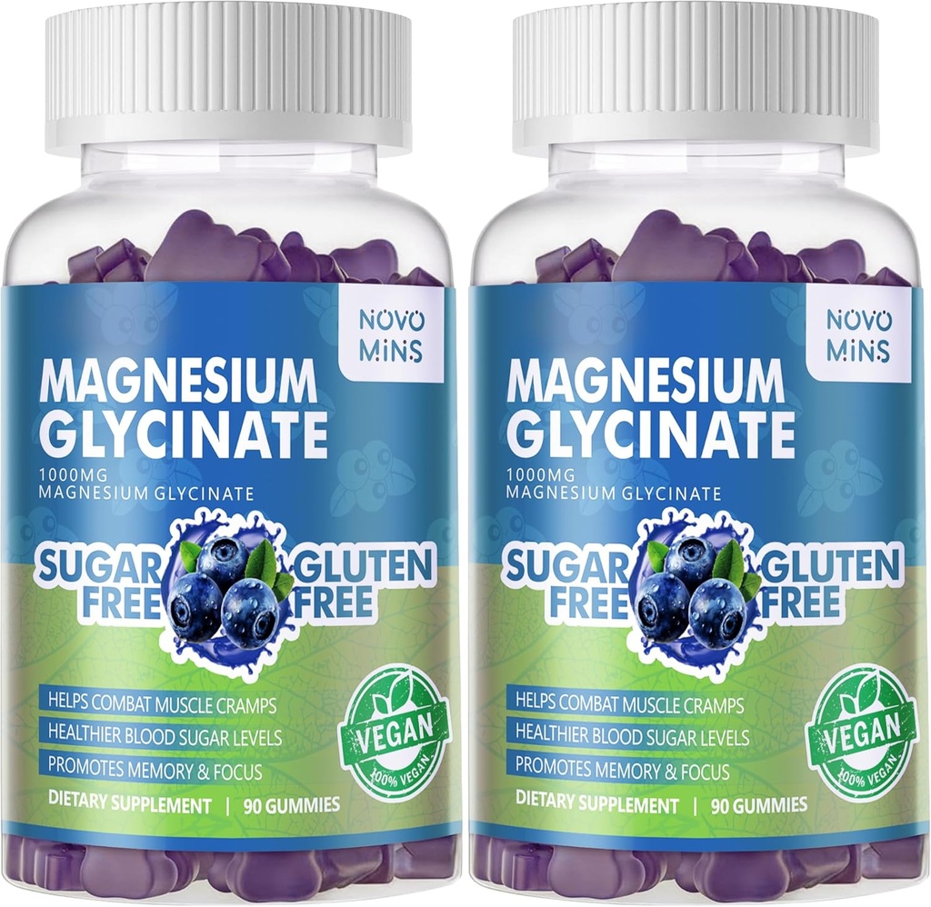 180 CT Magnesium Glycinate Gummies 1000mg - Suikervrij Magnesium Kaliumsupplement met vitamine D, B6, CoQ10 voor Calm Mood & Slaapondersteuning - 180 Blueberry Gummies.