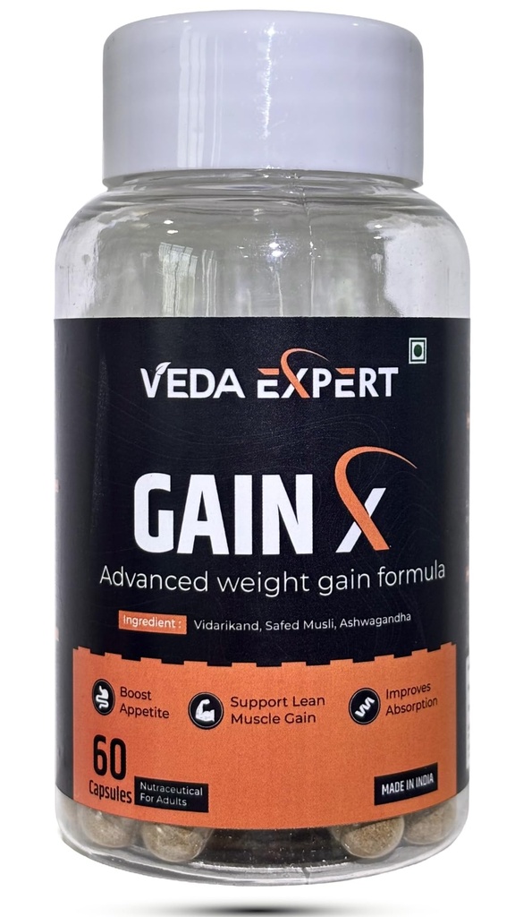GAIN X -Advanced Weight Gainer Supplement | Supports Lean Muscle Growth & Appetite Booster with Ashwagandha, Vidarikand & Safed musli | Natural & Ayurvedic, 60 Capsules for Men & Women |