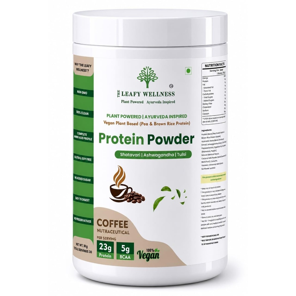 Plant Protein Powder – Pea & Brown Rice Protein with Ayurvedic Herbs | 23g Protein & 5g BCAA | Ashwagandha, Shatavari & Tulsi | No Added Sugar, No Preservatives | For Men & Women (500g, Coffee)