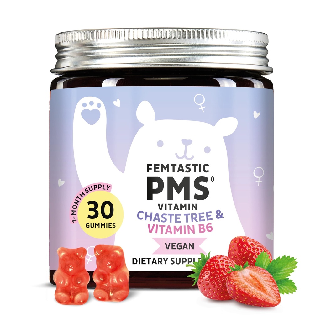 PMS Ondersteuning Supplement voor Vrouwen. Menstruele Relief Gummies richten op Hormonale Breakouts, Bloating, Periode Krampen, & Mood Swings. Veganistisch, met vitamine B6 & Citroenbalsem, 30 Gummies