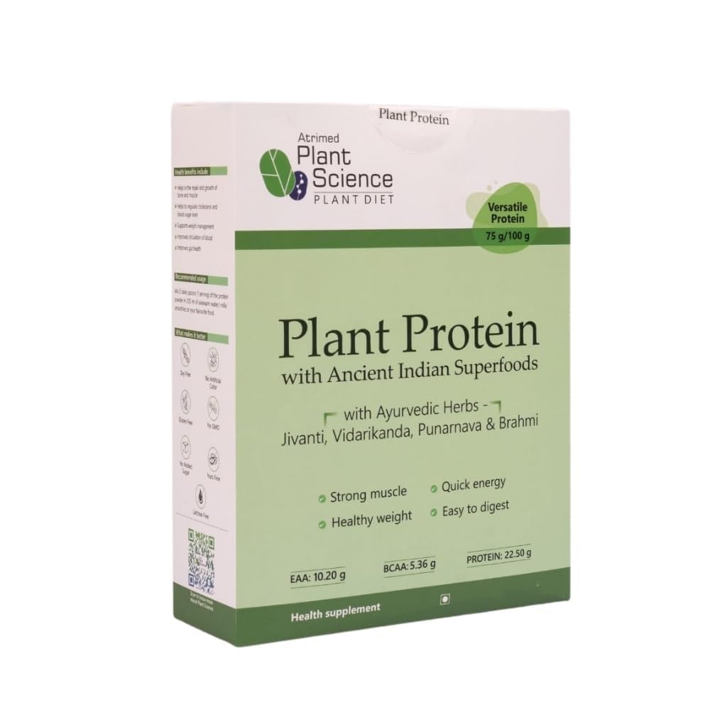 ATRIMED Plant Science Plant Protein – 210 g Pack – 86.8% of Green Pea Isolate, Brown Rice & Cow Pea Blend Fortified with Jivanti, Brahmi, Vidarikand, Flax seed & Punarnava for Energy, Gut Health & Muscle Support