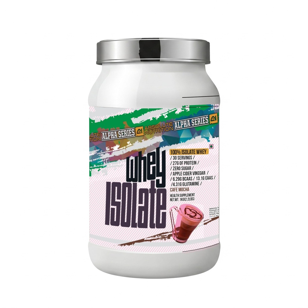 Absolute Nutrition Alpha Series Whey Protein Isolate Powder | 27g Protein per Serving | Zero Added Sugar | DigeZyme Digestive Enzymes | Apple Cider Vinegar | 1kg (Cafe Mocha)