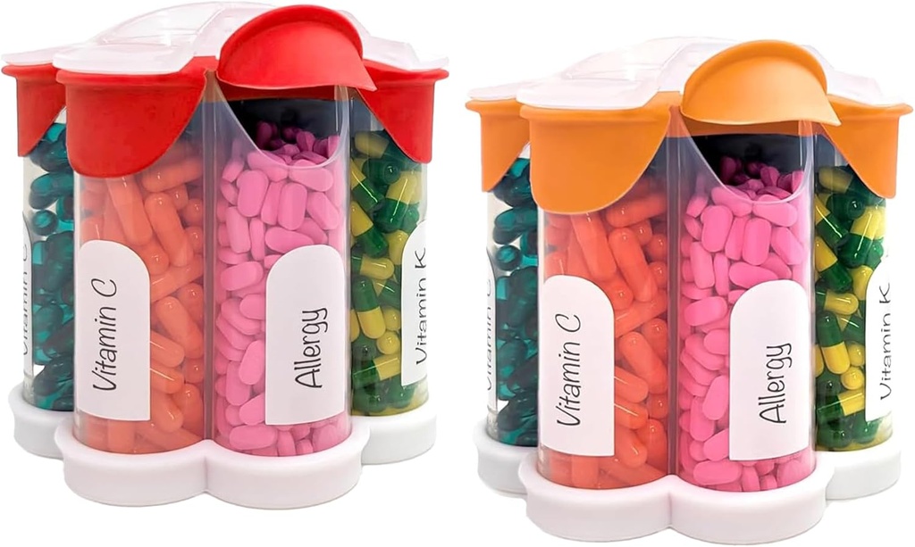 Extra grote pil Organizer dagelijks, wekelijks, maandelijkse supplement fles, schattige Blossom pil Dispenser met 7 XL Compartments (2 Pack Combo) (oranje en rood)