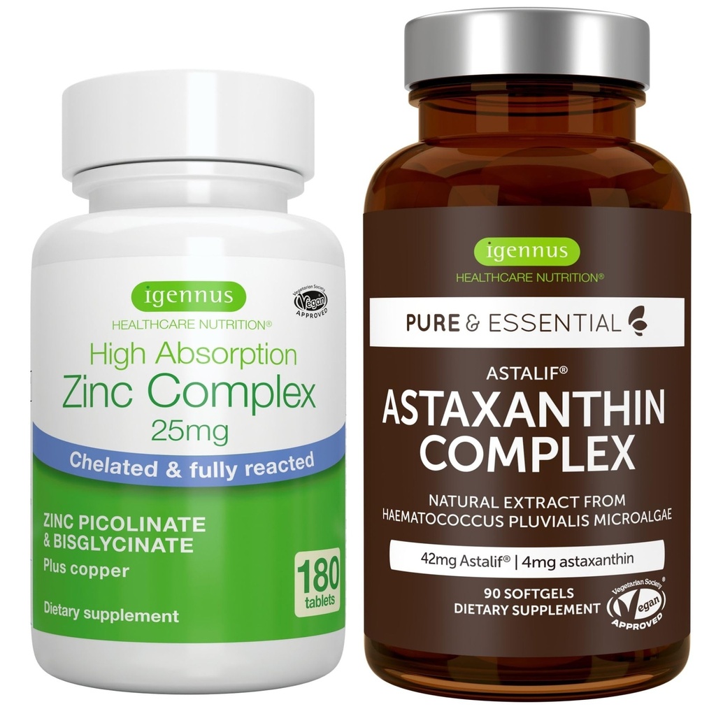 Astaxanthine Complex + Zink Complex Vegan Bundle, Antioxidant Support for Skin, Hair & Nails, by Igennus