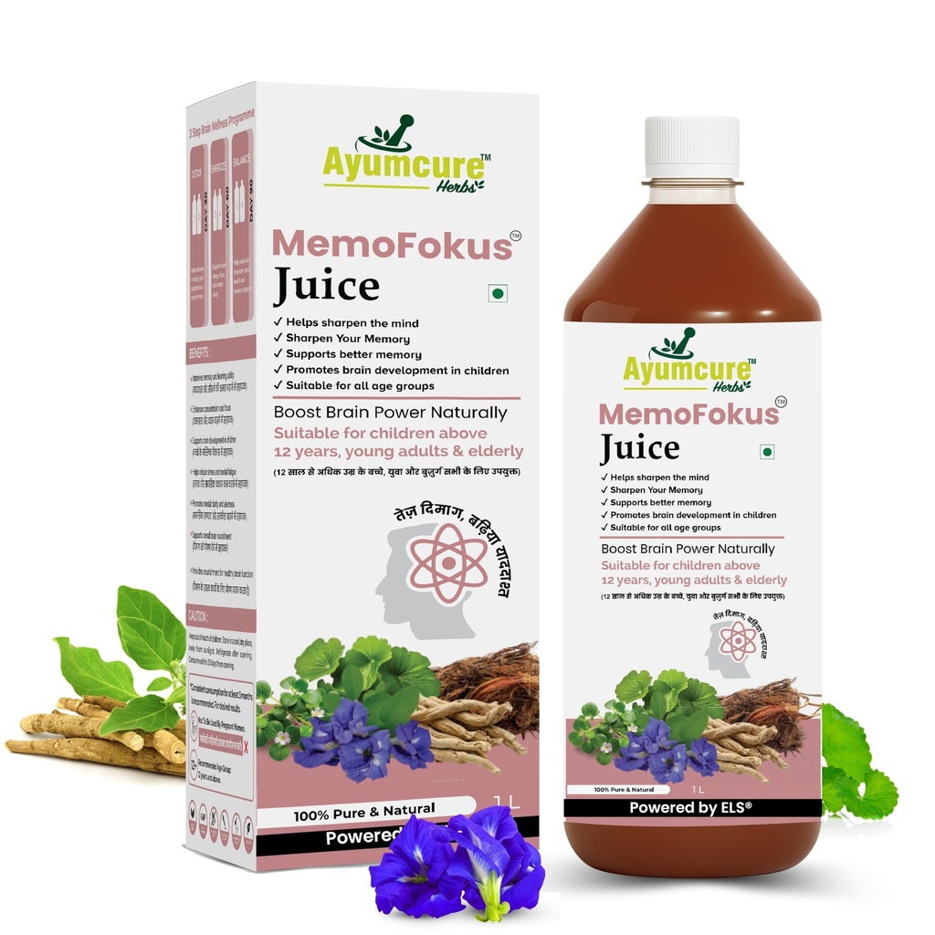 Ayumcure MemoFokus Juice 1L | Ayurvedic Brain Wellness & Memory Support Drink with 11+ Herbs | Supports Focus, Alertness & Cognitive Wellness | 100% Natural