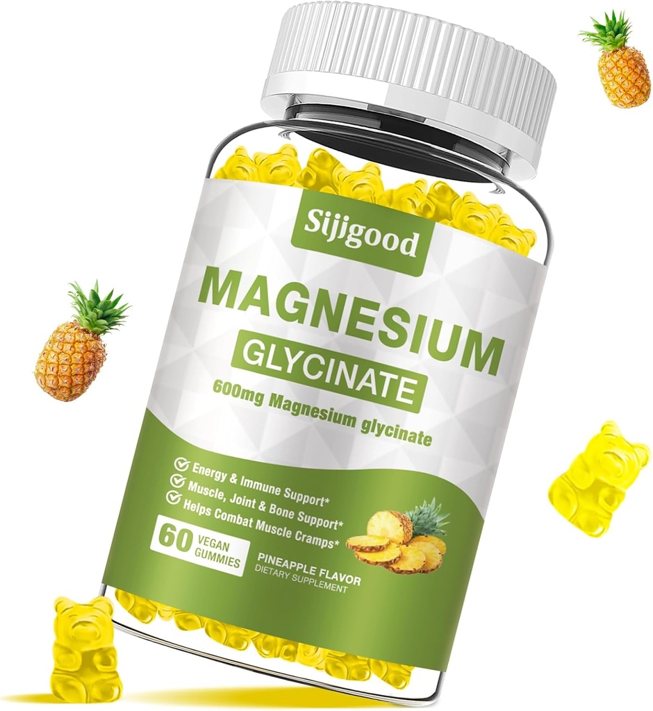 Magnesium Glycinate Gummies 600mg, Ontspanning & Zzz Support, Magnesium Kaliumsupplement voor volwassenen en kinderen Suikervrije, vitamine C, B6 en CoQ10 Ananas smaak, 60 Tel.