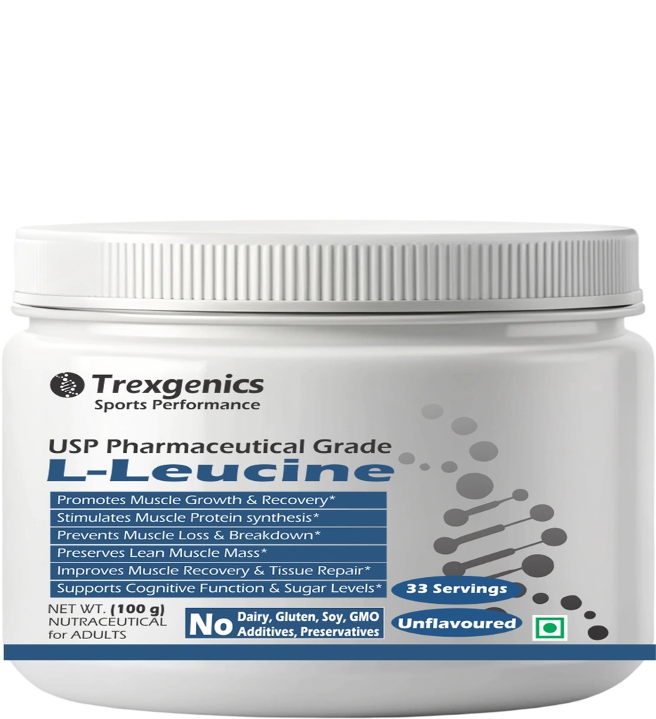 Trexgenics L-LEUCINE PHARMACEUTICAL USP grade 33 Servings, Unflavoured Pure Powder Recovery, Muscle Preservation, Muscle Growth (100 gram)