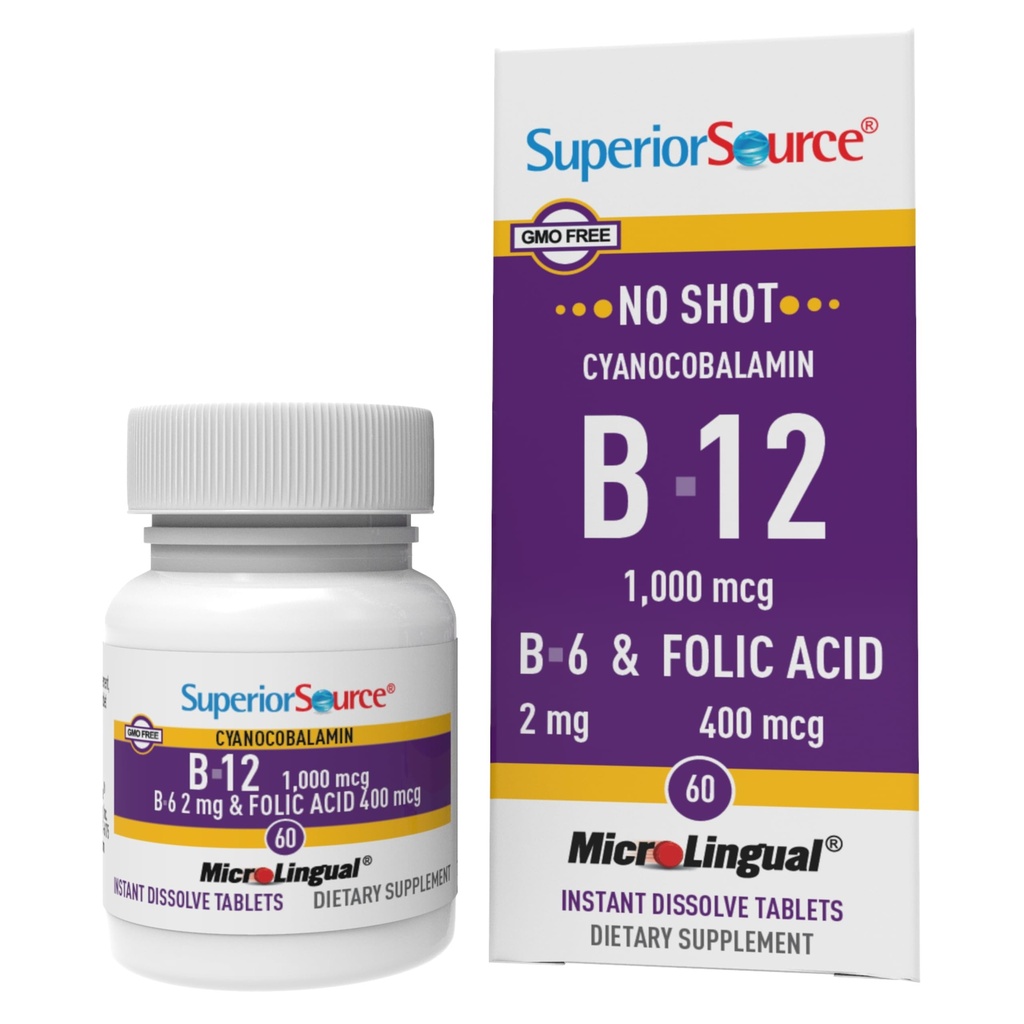 Superior Bron Geen Shot Vitamine B-12 Cyanocobalamine 1000 mcg, B-6, Folic Acid 400 mcg - Ondersteuning Hersenen en Hart Gezondheid - Hulp Natuurlijke Energieniveaus - 60 Sublingual Dissolving Tablets