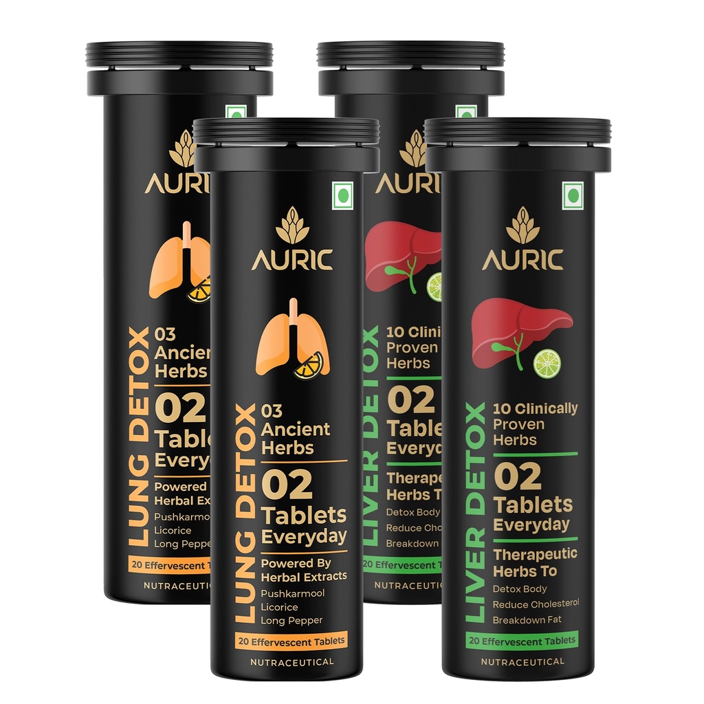 Auric Liver & Lung Detox Combo Effervescent Tablets | 40 Tablets Each | Ayurvedic Herbal Blend with NAC, Licorice, Pushkarmool & 10 Herbs | Fizzy Wellness Drink