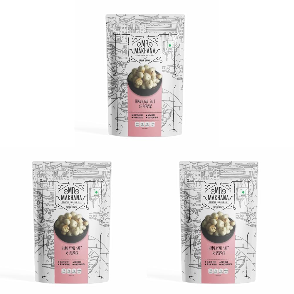 Mr. Makhana Roasted Makhana and Foxnuts | Healthy Snacks | Gluten Free | MSG Free | Antioxidant | Rich Calcium | Zero Trans Fat | Zero cholesterol (Himalayan Salt & Pepper)55gm (Pack of 3)