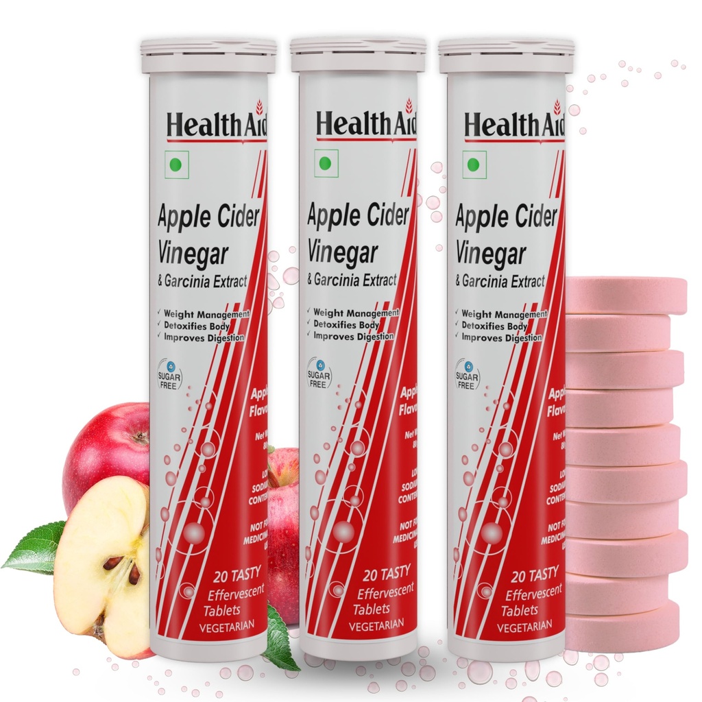 HealthAid Apple Cider Vinegar with Garcinia Cambogia Extract – 20 Sugar-Free Effervescent Tablets | Supports Healthy Digestion, Metabolism & Gut Balance | Enriched with Vitamins B6 & B12 for Energy & Wellness | Pack of 3
