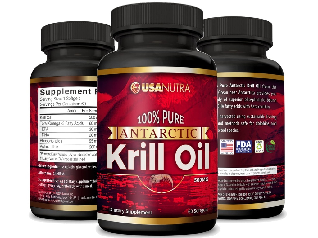 Antarctische Krillolie Softgels 100% puur met Omega-3 EPA DHA Astaxanthine 1000mg per dag (2 Softgels). Gemaakt in de VS