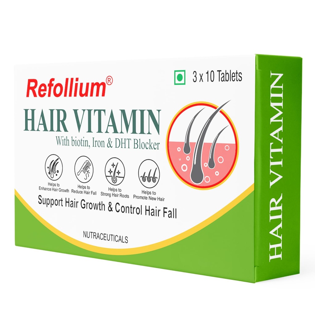 Refollium Hair Vitamins with DHT Blocker, Biotin, Iron, Omega for Control Hair Fall, Hair Growth Supplements for Women & Men (30 Veg Tablets)