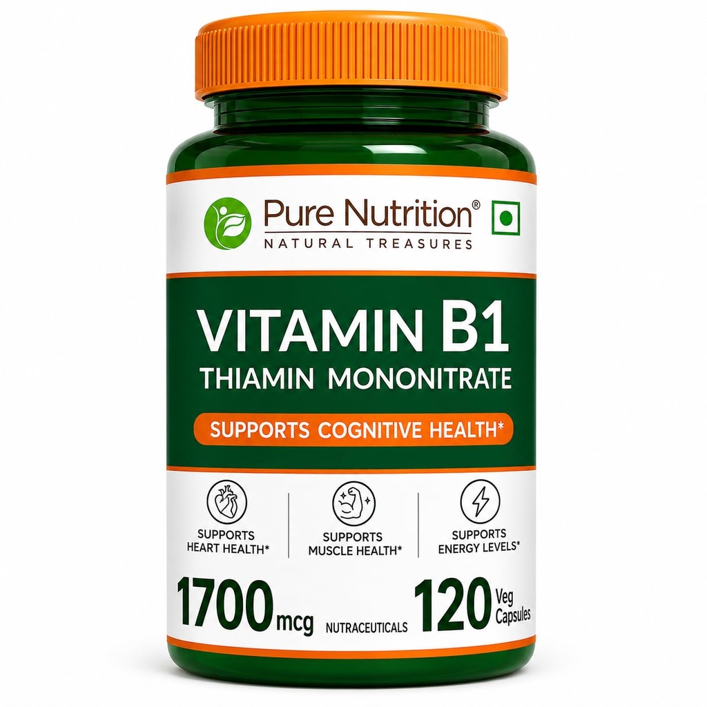 Pure Nutrition Vitamin B1 Supplements (Thiamine Mononitrate) 1700 mcg | B1 Vitamin Thiamine Supplements Supports Energy, Brain, Heart & Muscle Health – 120 Veg Capsules
