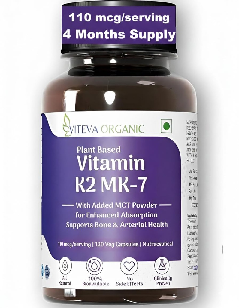Vitamin K2 MK7 (Menaquinone-7) 110mcg 120 Veg Capsules Plant Based Vitamin K2 Supplement with MCT Powder for higher absorption - K2 MK7 Supports Strong Bones & Heart Health for Men & Women