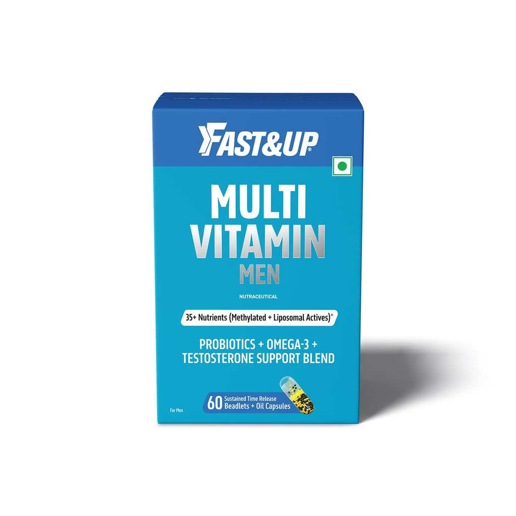 Fast&Up Multivitamin for Men - 35+ Methylated & Liposomal Nutrients with Probiotics, Omega-3 & Testosterone Blend | AQUAMIN Calcium | Beadlet-in-Oil Technology - 60 Capsules
