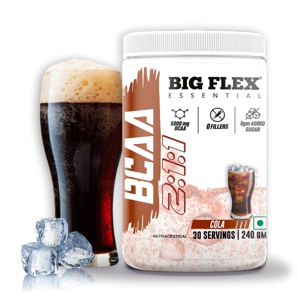 Bigflex Essential BCAA powder, Cola [ 30 Servings, Pack of 240Gm ] | 2500mg L-Leucine | 1250mg L-Isoleucine & 1250mg L-Valine For Muscle Recovery & Endurance - Pre/Post Workout & Intra Workout Supplement