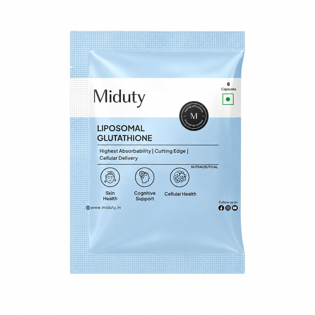 Miduty Liposomal Glutathione 600 mg - Highest Bioavailability & Absorbability - Cellular & Face Health - Helps in Skin Hydration & Skin Glow - Liver Health & Detoxification Support - 6 Veg Capsules
