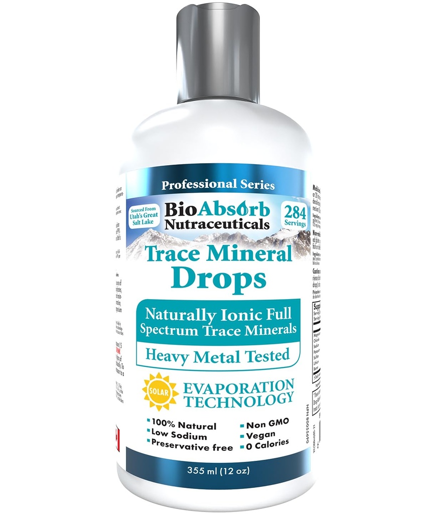Bio Absorb Trace Mineral Drops. Métal lourd testé. 284 portions de minéraux traces organiques provenant de l'eau de mer de l'Utah concentrée. 125mg de magnésium ionique (12 oz)