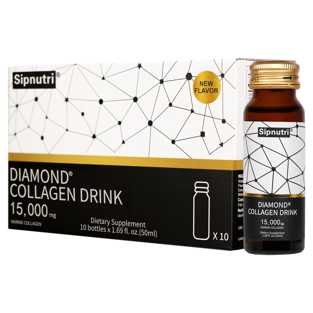 Diamond Liquid Collageen Drink, 15000 mg Gehydrolyseerd Marine Collageen Peptiden met vitamine C, Granaatappel, gezonde haarhuid Nagels Gewrichts Bones Ondersteuning, 50 ml x 10 flessen