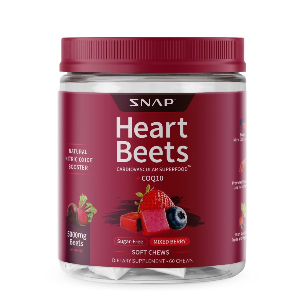 Snap Supplementen Heart Beet Organic Beet Root Zachte Kauwen, Cardiovasculaire Ondersteuning Supplement voor mannen & Women, CoQ10 & Red Trein, Heart Health & Circulatie Ondersteuning, Suikervrij, Gemengde Berry, 60 Kauwen