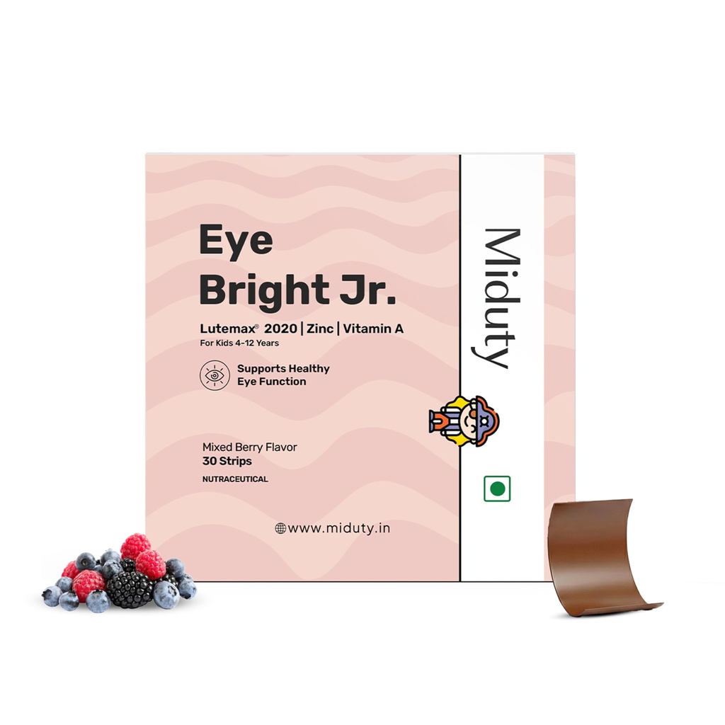 Miduty EyeBright Jr. Junior Strips for Kids- Lutemax 2020, Vitamin A, Zinc & Lycopene - Supports Blue Light Protection - Helps Eye Fatigue & Dryness - Natural Mixed Berry Flavour - 30 Strips