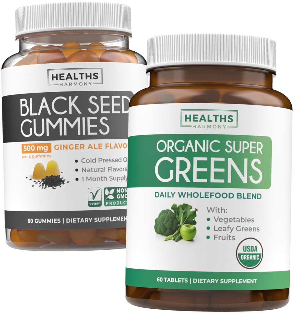 Black Seed Oil Gummies & Super Greens (1-maand) - Daily Green Boost - Black Seed Oil Gummies Ginger Ale Flavor Cold-Pressed Nigella Sativa & Organic Super Greens Complete Super Food Supplement