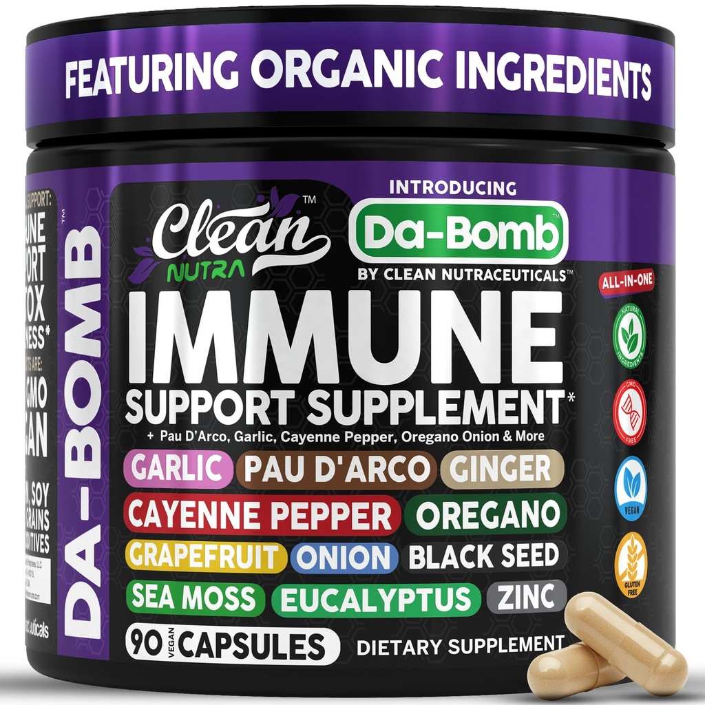 Biologische Immuun Ondersteuning met PAU D'Arco Knoflook Cayenne Pepper Oregano Gember Grapefruit Ui Zwarte Zaad Zee Mos Black Pepper Zink Eucalyptus Vitamine C Vitamine D Biologische Soursop door Clean Nutra