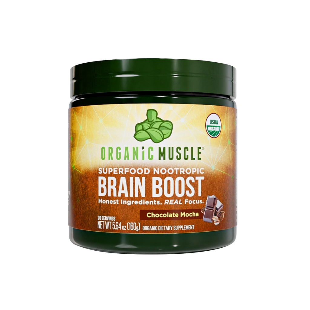 Biologische Muscle Brain Boost Nootropics Blend - Vegan & Organic Superfood Health Supplements for Focus, Memory & Productivity with Ashwagandha, Ginkgo & Ginseng - Chocolate Flavor, 20 Servers