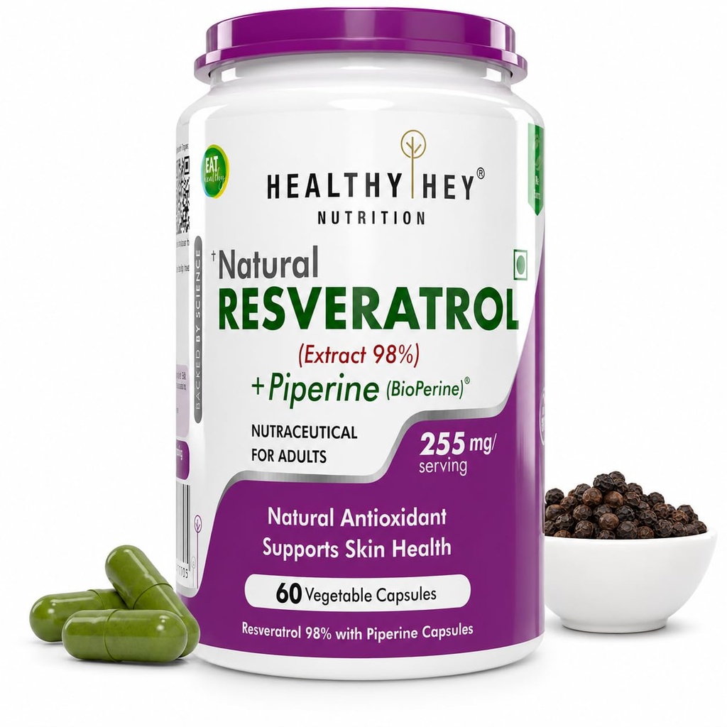 HealthyHey Nutrition Resveratrol Extract 98% Plus BioPerine for Absorption - 255mg - 60 Vegetable Capsules (Pack of 1)