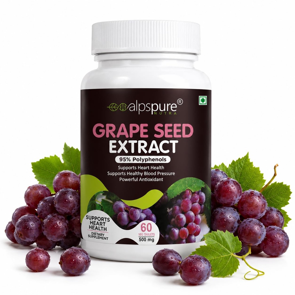 Alpspure Nutra Grape Seed Extract Tablets 500 mg | Supports Heart Health | Supports Healthy Blood Pressure | Powerful Antioxidant Supplement | 60 Tablets (Pack of-1)