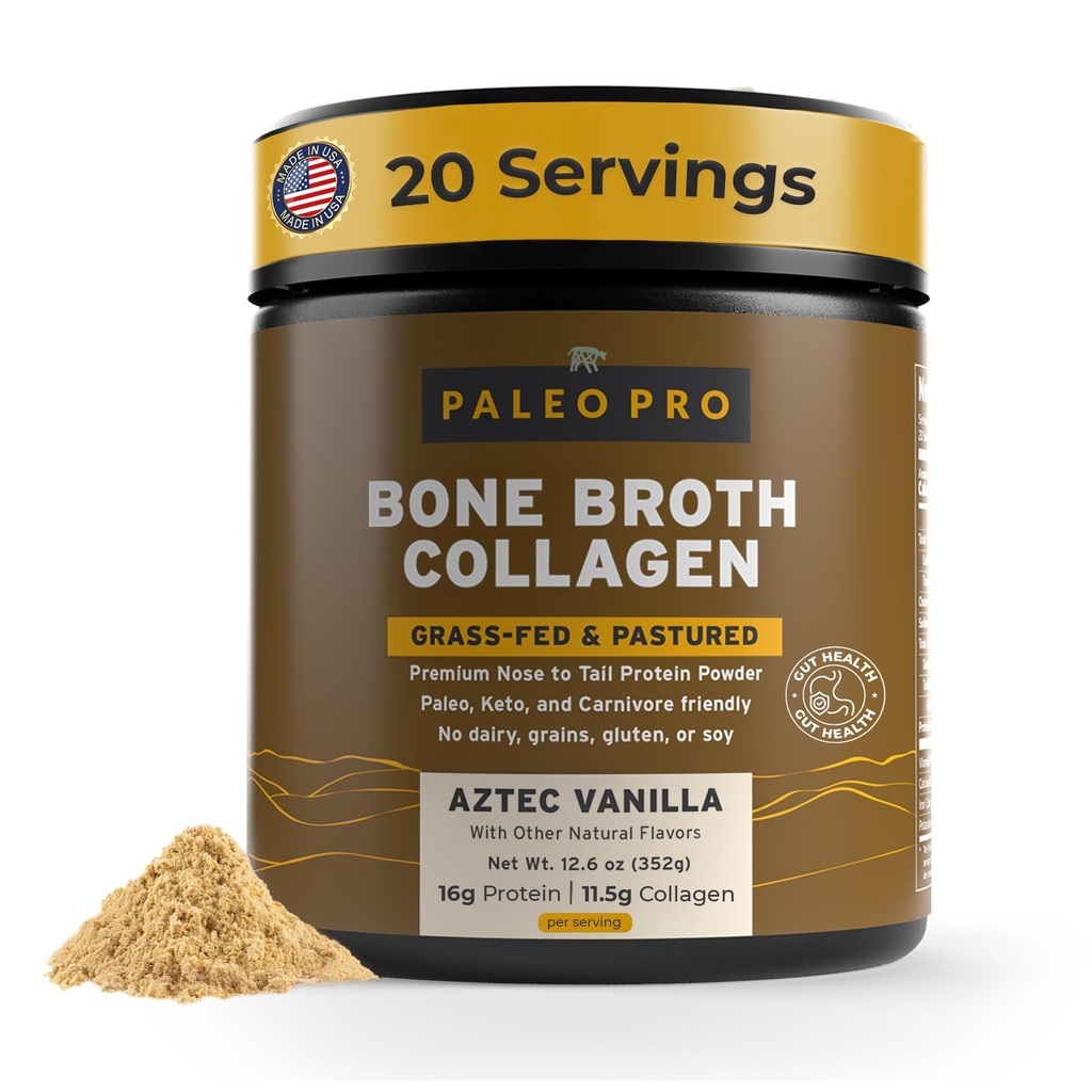 PaleoPro Bone Broth Collageen Proteïne Poeder - Turmeric Root Grass-Fed Collageen Powder for Skin & Bones - Glutenvrij, Geen Suiker, Soja, Graan, Net Carbs - Paleo Keto Vriendelijke 20 porties Aztec Vanille