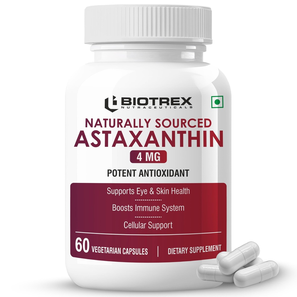 Biotrex Nutraceuticals Astaxanthin 4mg | Supports Eye & Skin Health I Boosts Immune System | Cellular Support | Naturally Sourced - 60 Veg Capsules