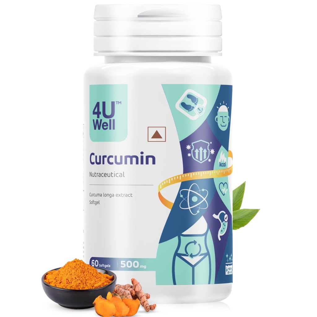 4UWell Curcumin Tablets 500mg with Turmeric Extract | Anti Inflammatory & Antioxidant Supplement | Supports Joint Health, Immunity & Weight Management | Men & Women Wellness | 60 Softgels