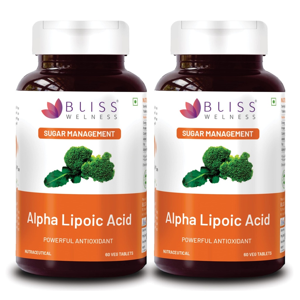 Bliss Welness Alpha Lipoic Acid | Natural & Pure R Type ALA | Universal Antioxidant Liver Health Energy Booster Blood Sugar Management Supplement (Pack of 2 (120 Tablets))