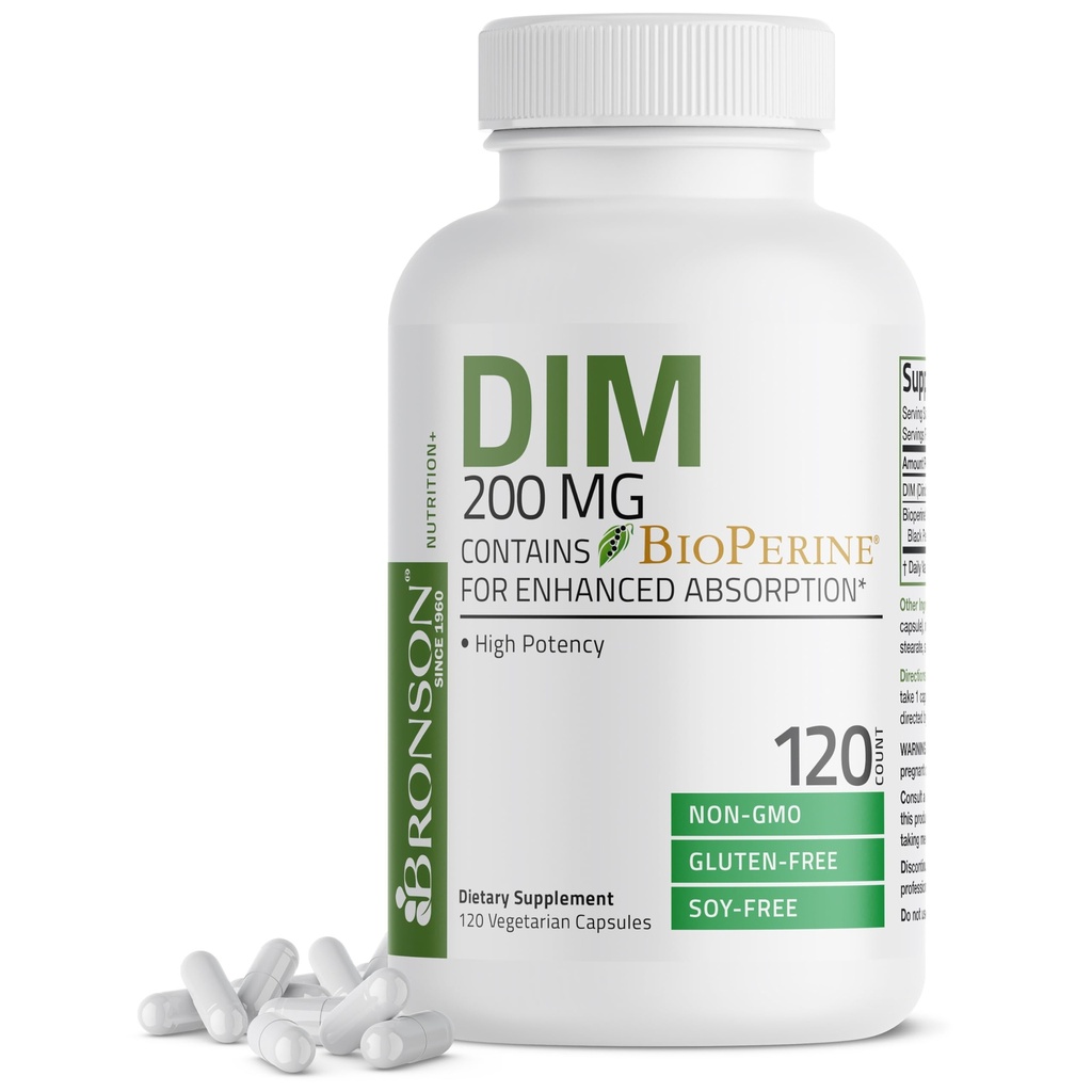 Bronson DIM Supplément 200 MG Diindolyméthane avec BioPerine pour l'absorption accrue, le métabolisme et le maintien des niveaux d'hormone équilibrés, 120 capsules végétariennes