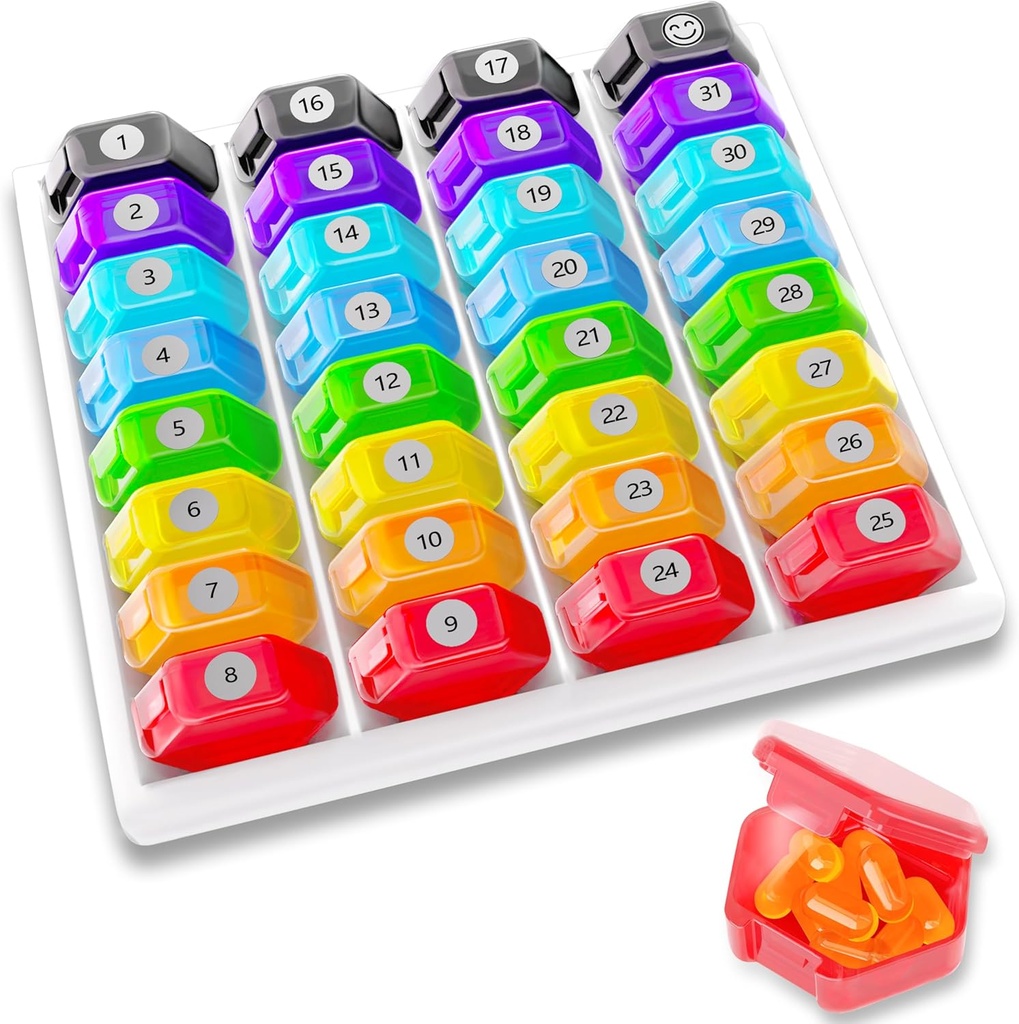 Maandelijkse pil Organizer 1-tijd a-Dag: 30 dagen pil Organisator met labels, Portable Monthly Pill Box, Maand pil houder voor vitamine, geneeskunde, visolie, supplementen