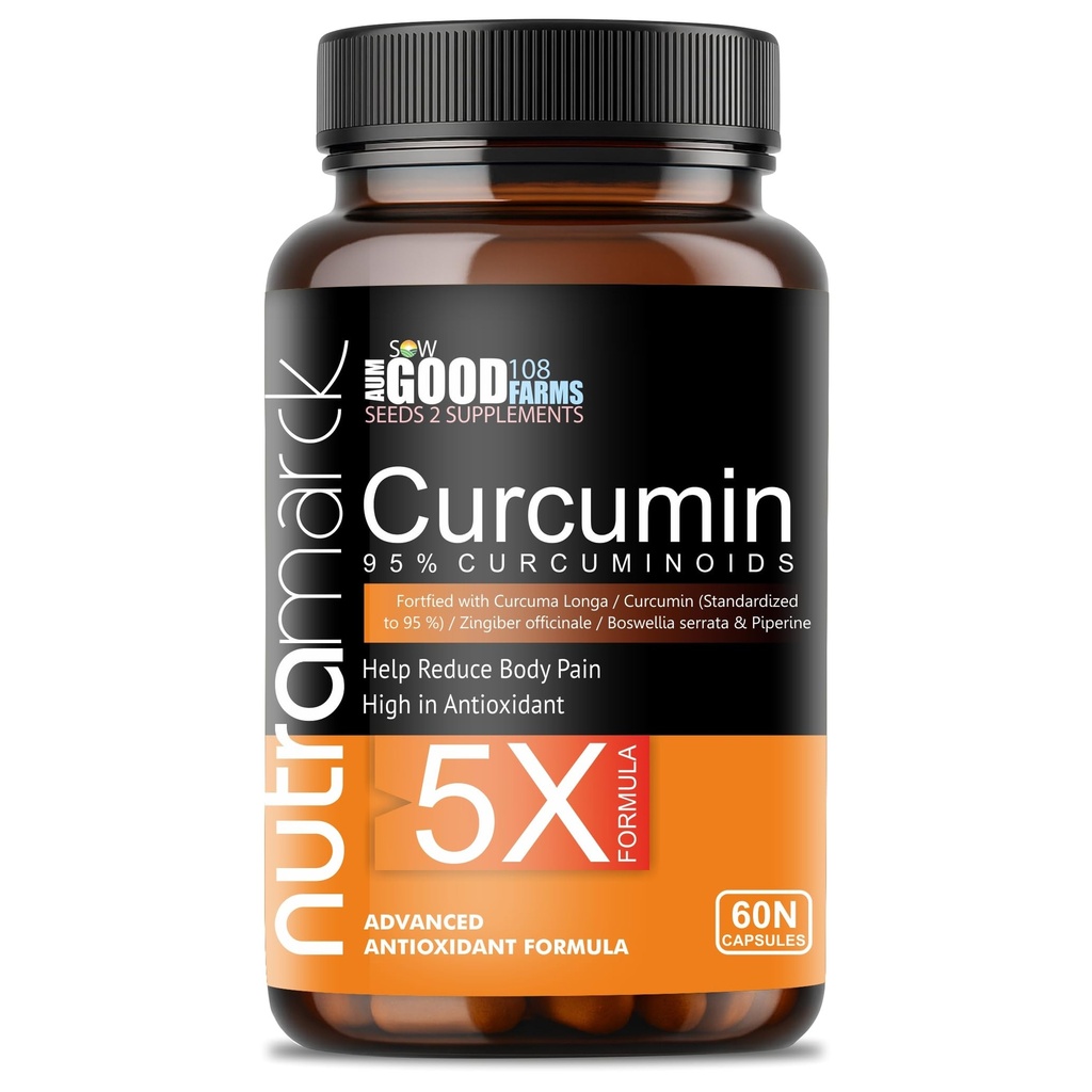 Curcumin 95% Capsules with Turmeric Extract & Black Pepper | High Potency Curcumin Supplement for Antioxidant & Joint Support | Chemical Free | 60 Capsules
