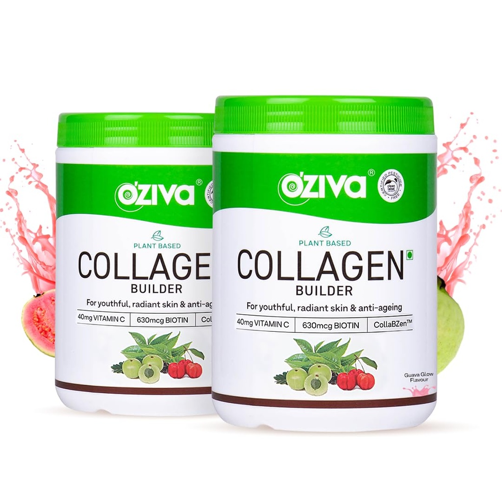 OZiva Vegan Collagen Powder, Skin, Hair & Nails, Biotin, Guava Glow, 200g