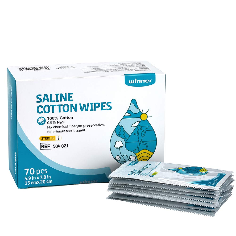 Winnaar Steriele Saline Wipes, 6" x 8" Large Personal Care Wipes, Gentle Saline Pads voor Piercings, Multi-Purpose voor gevoelige ogen en gezicht, individueel verpakt, 70 Tellen