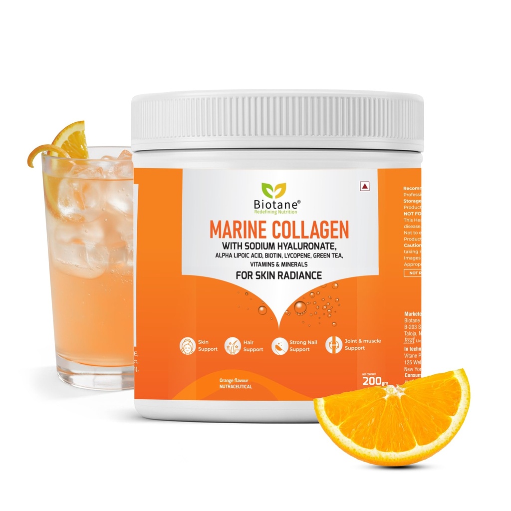 Biotane Marine Collagen Powder | Manufactured in Technical Collaboration with Vitane Pharma USA I Skin Radiance, Anti-Aging, Bone and Joint Support | Orange Flavour (200 gm Pack)