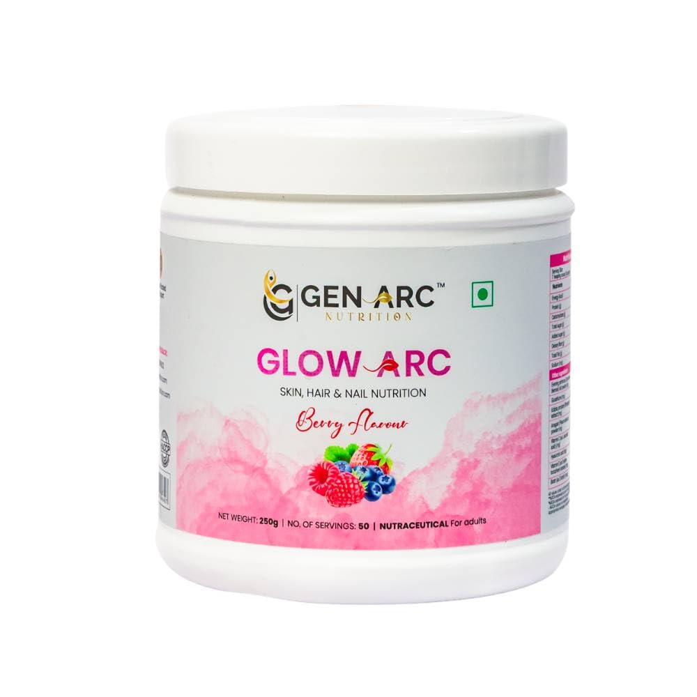 Glow Arc Skin, Hair & Nail Supplement | Glutathione, Hyaluronic Acid, Evening Primrose Oil, Vitamin C & E | Antioxidant & Skin Health Support | Berry Flavour | 250 g