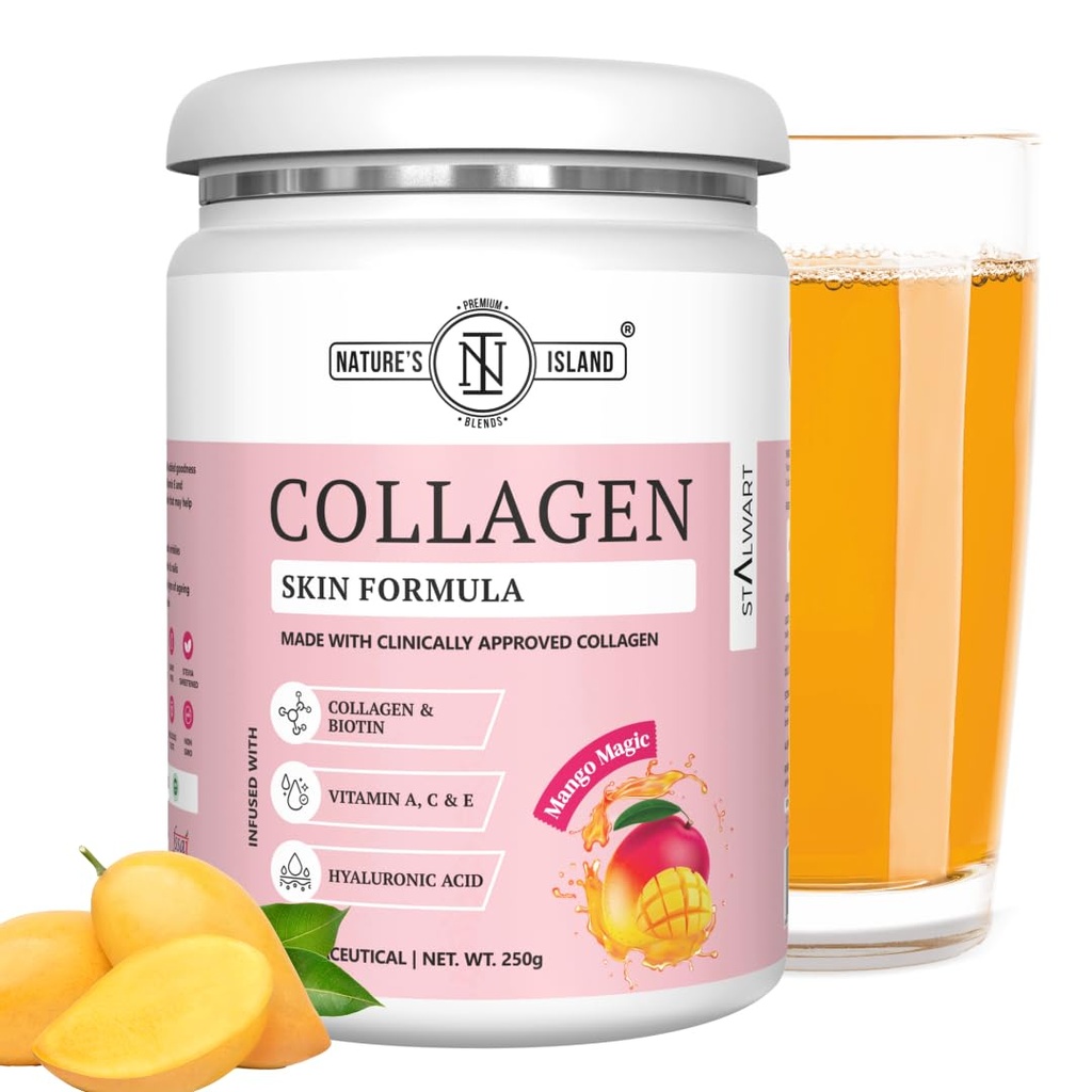 Nature's Island Skin Glow Collagen Powder (Mango, 250g) , Marine Collagen Supplements for Women & Men With Biotin, Vitamin A, C, E, Hyaluronic Acid, for Glowing Skin, Anti Ageing, Firmness, Elasticity, Healthy Hair and Nails.