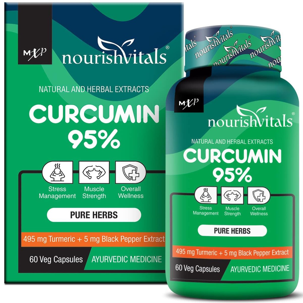 NourishVitals Curcumin 95% Curcuminoids, 500 mg Turmeric with Piperine Extract Supplement, 60 Veg Capsules