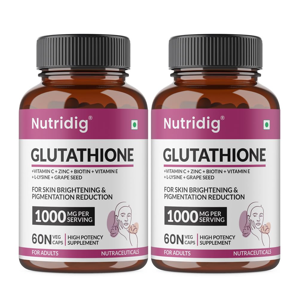 L-Glutathione 1000mg with Vitamin C, Zinc & Biotin | Antioxidant Support for Skin Health & Radiance | FSSAI APPROVED | 60 Veg Capsules - Pack of 2