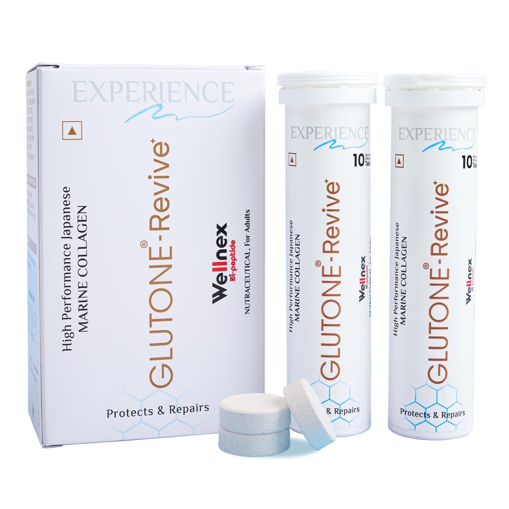 Glutone-Revive Effervescent Collagen Tablets – 2500 mg Wellnex Di-Peptide Marine Collagen|Supports Skin Hydration, Elasticity, Smooth Texture | For Men & Women | 20 Blueberry Flavour Tablets
