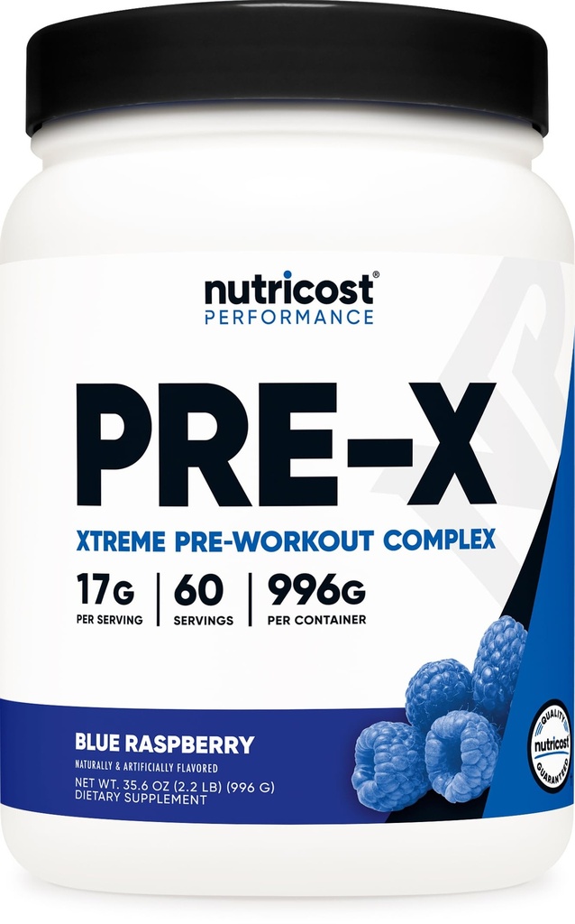 Nutricost Pre-X Xtreme Pre-Workout Complex Powder, Blue Raspberry, 60 Servers, Vegetarisch, Non-GMO en Glutenvrij