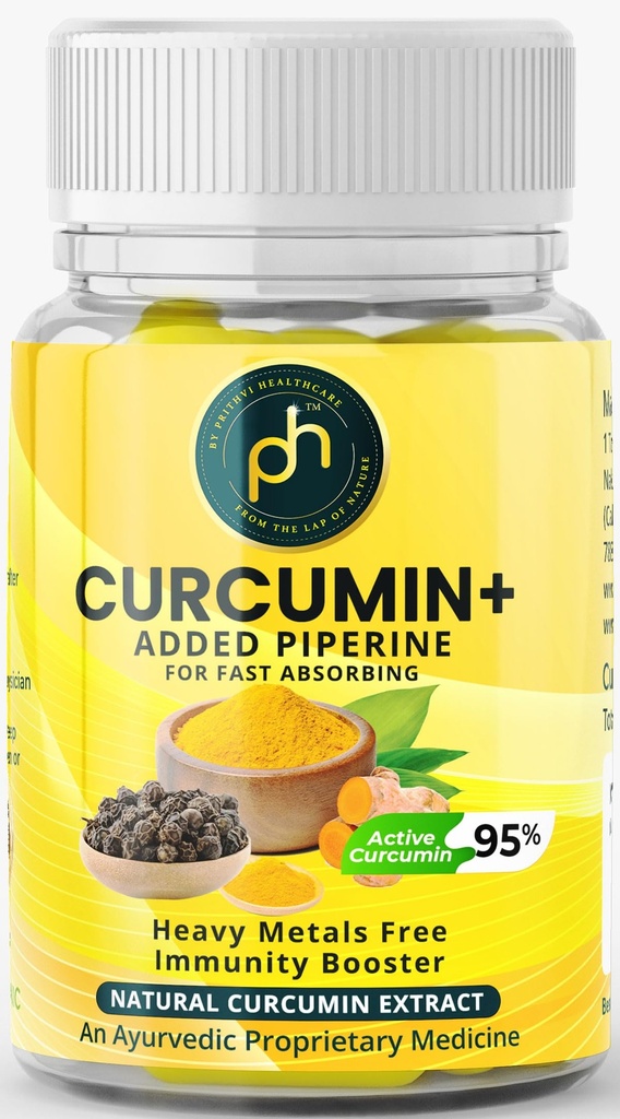 PHs Organic Curucumin+ Tablets 500mg with Piperine | 60 Tablets | Heavy metals free 10+ curcumin Turmeric | Immune booster blood thinner Curcumin Tablets