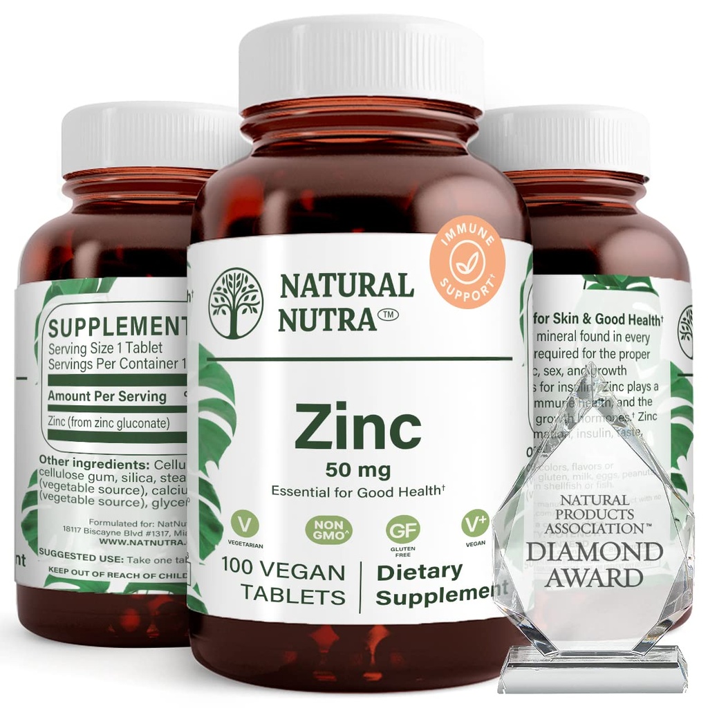 Natural Nutra Zinc gluconate 50mg supplément pour le soutien immunitaire, favorise la santé de la peau, fournit de l'aisance de la grippe et du froid, stimuler l'apprentissage et la mémoire, améliorer le goût et l'odeur, sans gluten 50mg 100 comprimés végétaliens